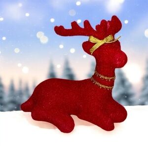 Red Velveteen flocked vintage sitting Reindeer with gold bow 8" plastic